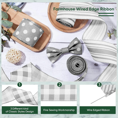 Grey Wired Edge Ribbon Plaid Ribbon 3 Rolls 2.5 Inch Farmhouse Ribbon Buffalo Check Gray Ribbon Polka Dot Striped Ribbon Buffalo Plaid Ribbon Wire...