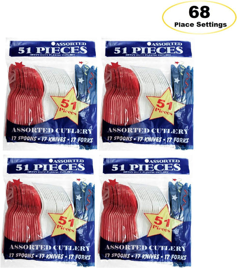 Party Essentials Patriotic Assortment Hard Plastic Combo Pack, Disposable Cutlery, Red/White/Blue, 204 Pieces/ 68 Place Settings...