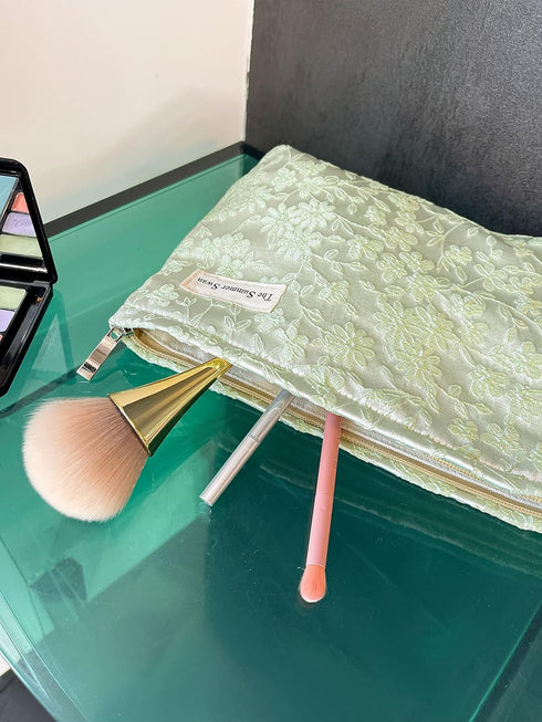 | Large Aesthetic Makeup Bag | Floral Makeup Bag | Mid-day Clutch | Period Kit Bag | Hygiene Bag | Skincare Bag | Cute Makeup Bag (Embroidery Gree...