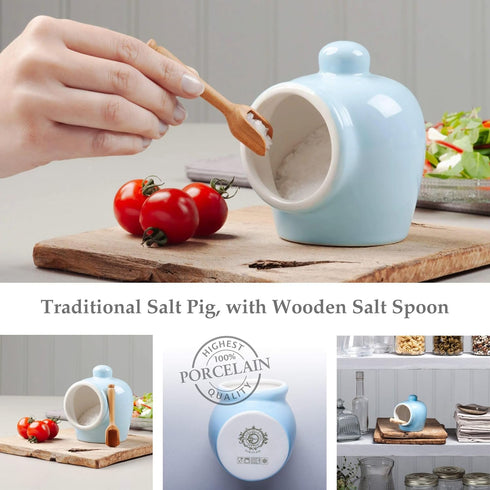Wm Bartleet & Sons Traditional Porcelain Small Salt Pig with Wooden Salt Serving Spoon - Blue...