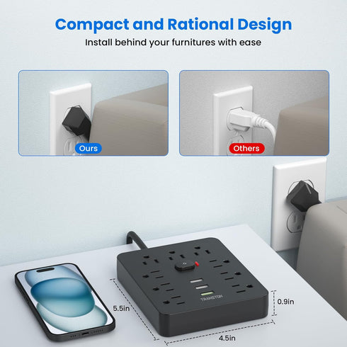 Power Strip Surge Protector with 9 Outlet 3 USB Ports, Fireproof Desktop Charging Station with Flat Plug Wall Mount 5 ft Long Extension Cords for ...