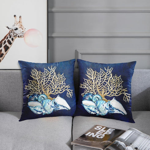 Emvency Throw Pillow Cover Blue Seashore Indigo Ocean Coral Seashells Beach House Gray Coastal Decorative Pillow Case Home Decor Square 20 x 20 In...