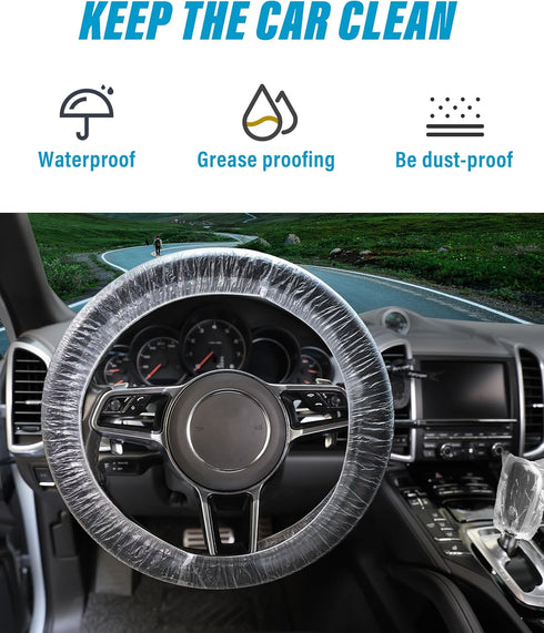 Disposable Steering Wheel Covers,Plastic Clear Steering Wheel Protectors with Elastic Perfect,100 Pieces Car Steering Wheel Cover and 100 Pieces G...