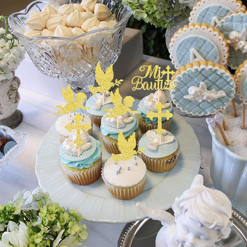 24 Pack Spanish Mi Bautizo Cupcake Toppers with Glitter Cross Angel Dove Baptism Cupcake Picks Decorations for Religious God Bless Theme Baby Show...