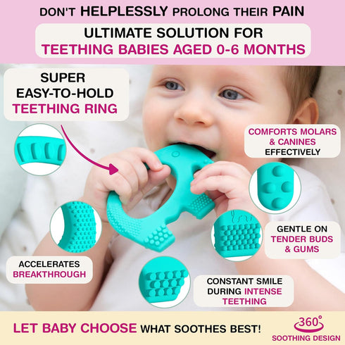 Teething Ring for Babies 0-6 Months - 5X Pain Relief Smart Teether - Zero Developmental Delay Silicone Teether - Cute Infant Chew Toy, Shower Gift...