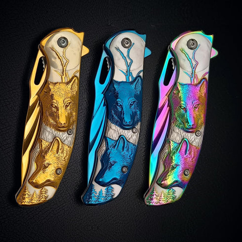 Pocket Knife for Men, Folding Knife With Clip & 3D TITANIUM PLATED WOLF Relief, Embossed Edc Knife For Men Outdoor Survival Camping Hiking hunting...