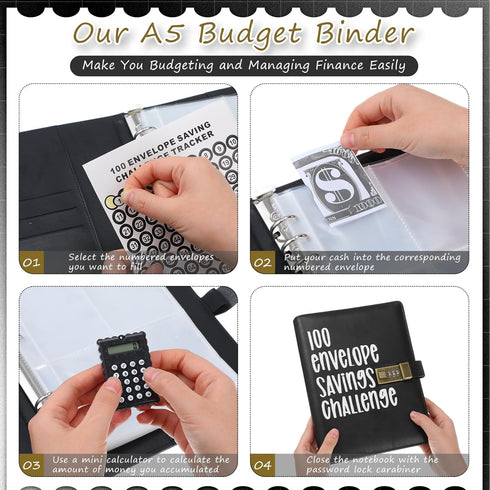 100 Envelopes Money Saving Challenge Binder Kit with Mini Calculator, A5 Budget Binder Book Organizer with Cash Envelopes for 100 Day to Save $5,0...