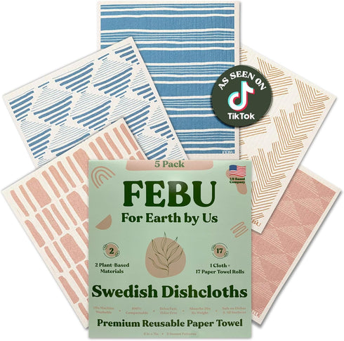 FEBU Swedish Dishcloths for Kitchen | 5 Pack Sunset Reusable Paper Towels Washable | Swedish Dish Towels | Non-Scratch Cellulose Sponge Cloths | N...