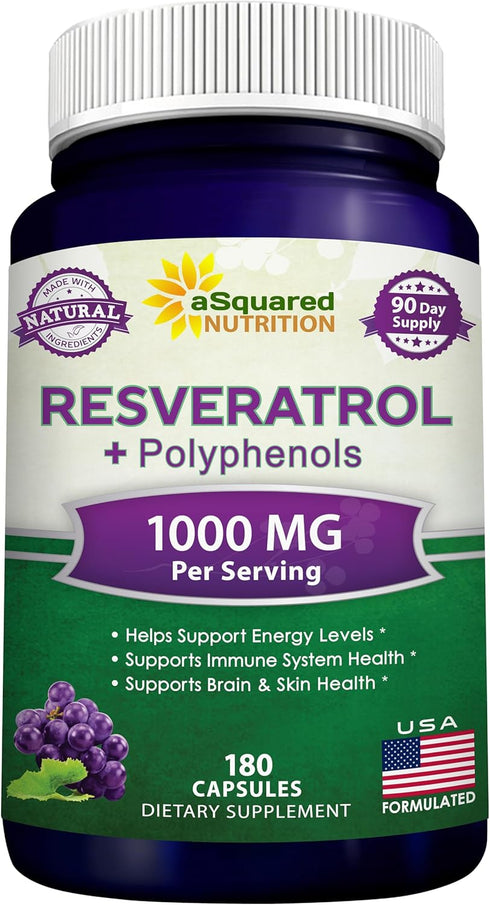 aSquared Nutrition Natural Resveratrol with Red Wine Extract - 180 Capsules - Trans Resveratrol Antioxidant Supplement Pills for Pure Heart Health...