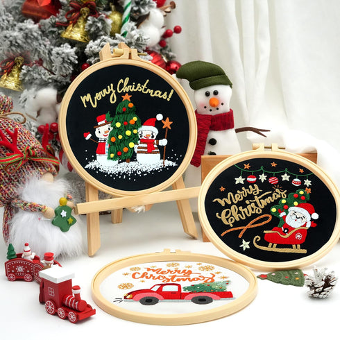 3 Sets Christmas Embroidery Starter Kit with Pattern for Beginners, Embroidery Kits with Christmas Pattern, Cross Stitch Set with Plastic Embroide...