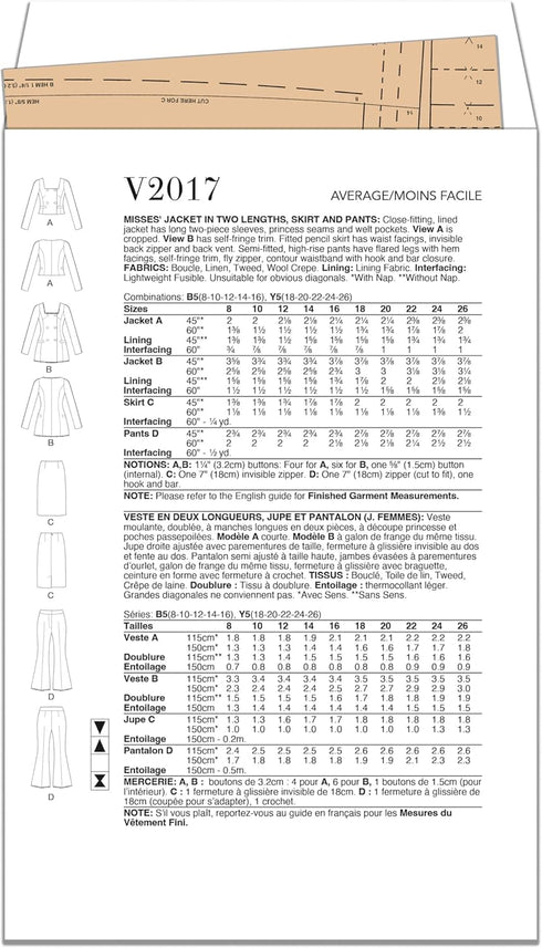 Vogue Misses' Close Lined Jacket, Pencil Skirt and Semi-Fitted High-Rise Pants Sewing Pattern Packet, Design Code V2017, Sizes 8-10-12-14-16, Mult...