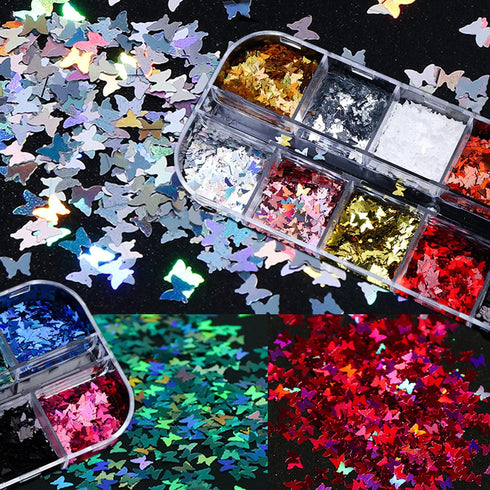 12 Colors Butterfly Nail Art Stickers Butterflies Nail Glitter Sequins 3D Art Accessories Butterfly Shape Flakes Powder Holographic Gold Red Pink ...
