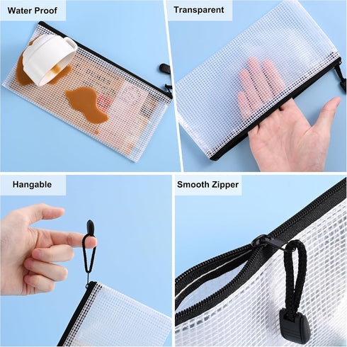 12 Pieces Plastic Mesh Zipper Pouch Bag/Zipper Envelope Document Storage Pouch Bag/Zip File Folder/Office Supplies Bills File Waterproof Zipper Po...