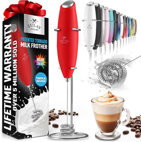 Zulay Kitchen Tornado Whisk Milk Frother Handheld - Coffee Frother Wand With Stand - Triple Whisk Hand Held Drink Mixer - Electric Stirrer Frothin...