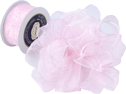 VATIN Light Pink Organza Wired Ribbon, 1-1/2" Pink Sheer Ribbon with Metallic Edge for Christmas Tree Decoration Gift Wrapping Wedding Crafts -25 ...