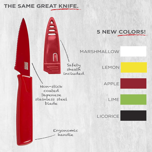 Kuhn Rikon COLORI Non-Stick Serrated Paring Knife with Safety Sheath, 4 inch/10.16 cm Blade, Red...