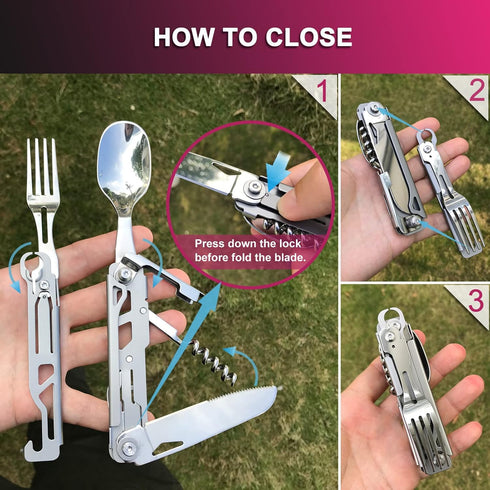 6-in-1 Detachable Camping Utensils Flatware Set - Multi-Function Travel Pocket Cutlery Folding Spoon, Fork, Knife, Wine Bottle Opener Can Opener P...