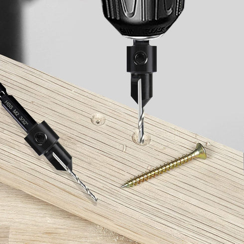 5-pc Woodworking Countersink Counterbore Drill Bit Set 3in1 for #6 8 10 12 16 Screws, M2 Pilot Drill Bits Adjustable Depth, 82-Degree Chamfer with...