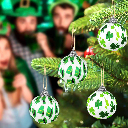 St. Patrick's Day Ball Ornaments, 12PCS Green Shamrocks and Hat Fabric Wrapped Balls, Decorative Hanging Ornaments for Tree Home Office Bedroom Pa...