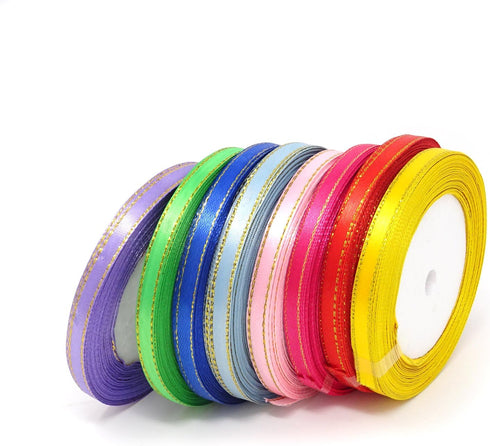 Honbay 8 Rolls 1/4 Inch 25 Yard/Roll Double Faced Satin Ribbons Fabric Ribbon with Golden Edges for Wedding, Birthdays, Baby Showers, Crafts Decor...