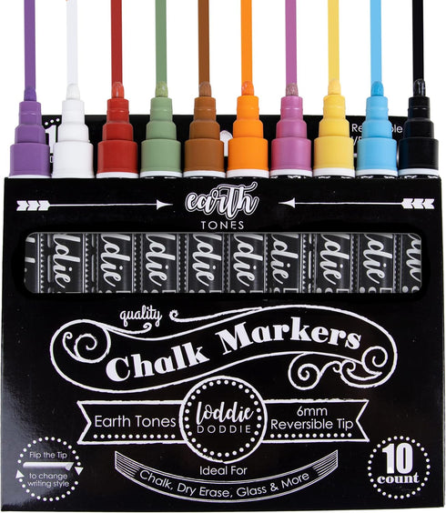 Loddie Doddie Liquid Chalk Markers for Chalkboard - 6mm Reversible Chisel and Bullet Tips, Chalkboard Markers Erasable, Earth Tones Chalk Pens 10 ...