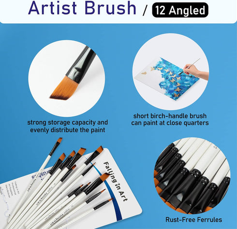 Falling in Art Paint Brushes Set, 12 PCS Nylon Professional Angled Paint Brushes for Watercolor, Oil Painting, Acrylic, Face Body Nail Art, Crafts...