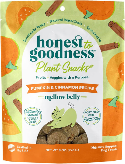 Honest to Goodness Plant Snacks Mellow Belly Pumpkin & Cinnamon Recipe Dog Treats, Enriched with Omega 3s & Postbiotics, 8oz...