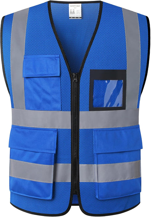JKSafety Reflective Safety Vest for Men Women With 8 Pockets Hi Vis Work Construction Vest High visibility Vest Meet ANSI/ISEA Compliant(70-Blue-X...
