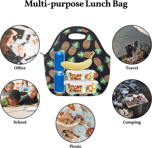 Neoprene Lunch Bag for Kids, Insulated Lunch Box Tote for Women Men Adult Teens Boys Teenage Girls Toddlers (Pineapple Black)...