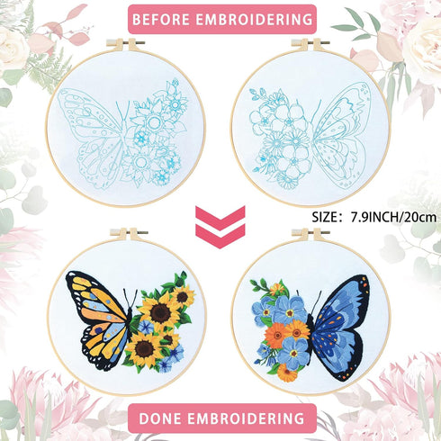 Yinder 5 Sets Embroidery Beginners Kit with Butterfly Flower Patterns and Instructions Cross Stitch Kits for Starter DIY Adult Kids Butterfly Patt...