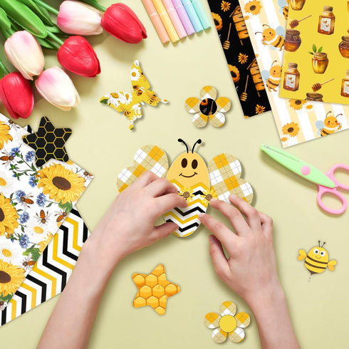 Konsait 24 Sheets Bee Scrapbook Paper 12x12 Yellow Pattern Paper Double Sided Scrapbook Paper Craft Paper for DIY Bee Tissue Paper Bee Birthday Pa...