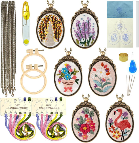 ZOCONE 6 Packs Embroidery Necklace Kit, Embroidery Pendant Kit Mini Cross Stitch Kit with 4 Hoops, Necklace, Pendant, Stamped Pattern Cloth, Instr...