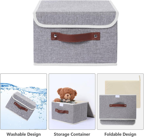Collapsible Storage Bins with Lids & PU Leather Handles - PP Plastic Board Washable Linen Fabric Storage Box, Foldable Storage Cube for Home Bedro...