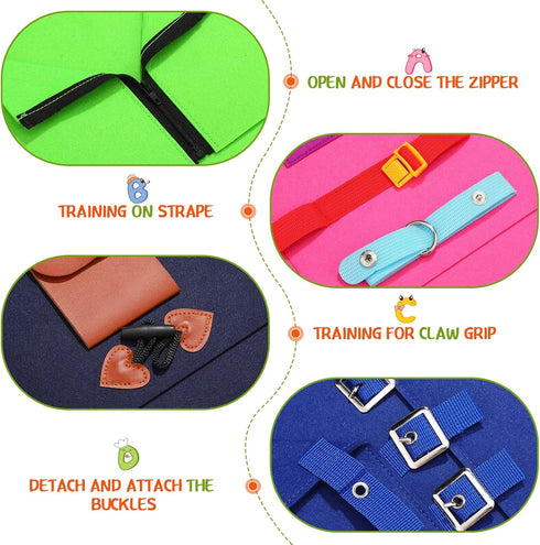 8 Pieces Early Learning Toys Toddlers Learn to Dress Practice Boards Basic Life Skills Busy Board Includes Zip, Snap, Button, Buckle, Lace and Tie...