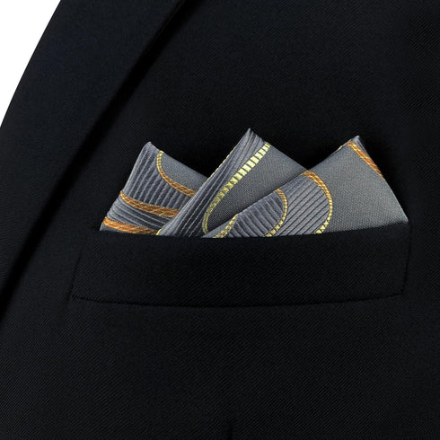 S&W SHLAX&WING Mens Pocket Square Grey with Yellow Golden Geometric Wedding...