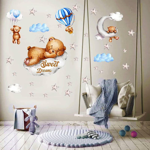Tedy Bear Moon & Stars Wall Decor - Sleeping Bear Wall Stickers, Baby & Nursery Room Decor...