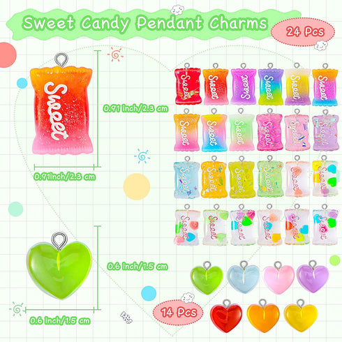 Yinkin 82 Pieces Candy Pendant Charm for Jewelry Making, Includes 24 Resin Candy Pendant, 22 DIY Bear Charms, 14 Gummy Heart Charms, 10 Lollipop P...