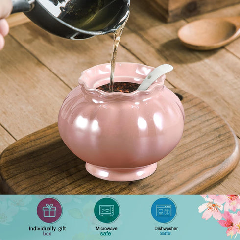 Porcelain Sugar or Salt Bowl with Lid and Spoon, Ceramic Spice Keeper Pearlescent Glazed Design Modern Kitchen Decor, 9 Ounce, Pink...