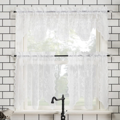 No. 918 Alison Floral Lace Sheer Rod Pocket Kitchen Curtain Tier Pair, 58" x 24", White...