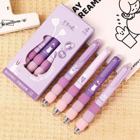 4 Pcs Erasable Gel Pens Cartoon Retractable Cute Purple Pens Soft Grip Pens 0.5mm Black Ink Pen Office School Pens Women Girls Boys Pens (Black In...