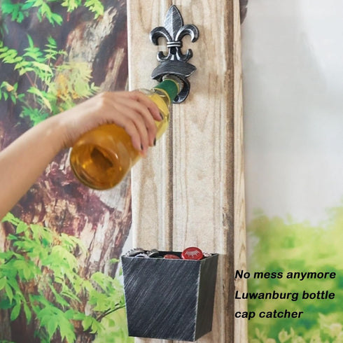 Fleur De Lis Beer Cap Opener Wall Mounted Bottle Opener with Cap Catcher Drainage Antique Silver...