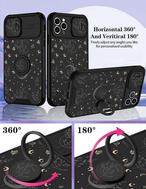 Goocrux (2in1 for iPhone 12 Pro Case Moon Plants for Women Girls Cute Phone Cover Flower Heart Stars Space Design with Slide Camera Cover+Ring Hol...