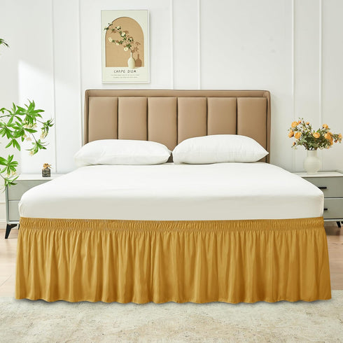 Biscaynebay Wrap Around Bed Skirts for Queen Beds with Short Drop of 12", Gold Adjustable Elastic Dust Ruffles Easy Fit Wrinkle Resistant Silky Lu...