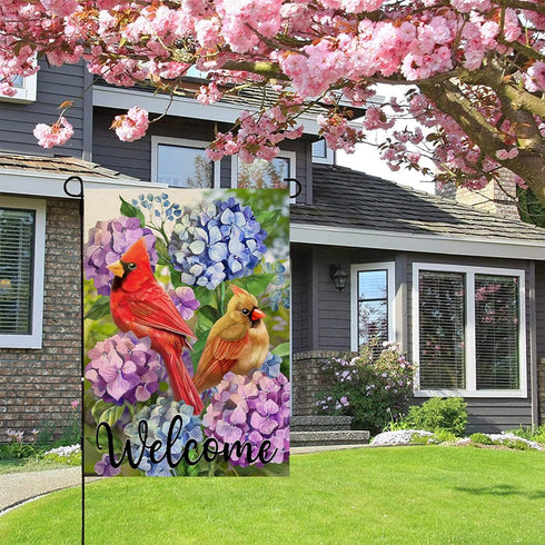 Welcome Summer Cardinal Red Birds Home Decorative Garden Flag, Yard Hydrangea Flowers Outside Decor, Spring Outdoor Small Burlap Decoration Double...