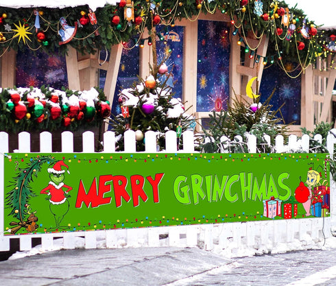 Nepnuser Grinchmas Fence Banner Christmas Green Elf Winter Holiday Party Decoration Xmas Large Home Garden Outdoor Yard Hanging Sign-1.6 * 8.2ft (...