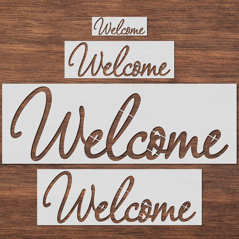 4 Pieces Welcome Stencils Welcome Stencils Templates Reusable Plastic Welcome Templates Stencil Set for Painting on Wood Wall Fabric Rock Chalkboa...