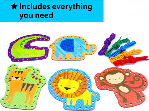 KRAFUN Beginner Preschool Lacing Card Kit for Kids Arts & Crafts, 5 Easy Safari and Animal Lacing Projects, Lacing Cards for Toddlers, Fine Motor ...