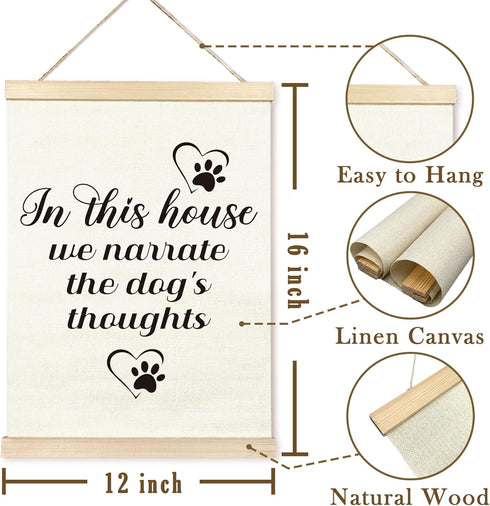 TAEDIN Dog Wall Art Poster Hanger Frame, Dog Signs Lovers Wood Wooden Canvas Artwork Print, In This House We Narrate the Dog's Thoughts Painting f...