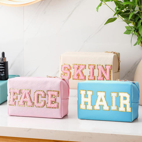 Sotiff 3 Pcs Preppy Patch Makeup Bag Chenille Letter Cosmetic Bag Waterproof Toiletry Bag Portable Makeup Organizer Zipper Cosmetic Pouch for Wome...