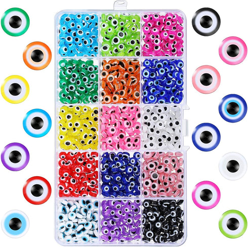 Hicarer 1050 Pieces 15 Style Evil Eye Beads 6mm Evil Eye Charms Beads Jewelry Turkish Spacer Flat Round Charms Spacer for DIY Bracelet Earring Nec...